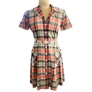 Ralph Lauren Madras Plaid Dress Front Buttons Belt Pockets Short Sleeve Sz 8